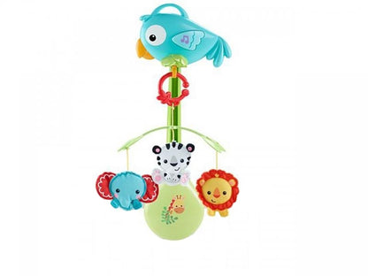 Carusel Interactiv IDL Papagalul Hazliu cu Leu, Zebra, Elefant de plus, 5 Melodii, Dimensiune 27.5x36x7cm, Clema de fixare rezistenta, Multicolor