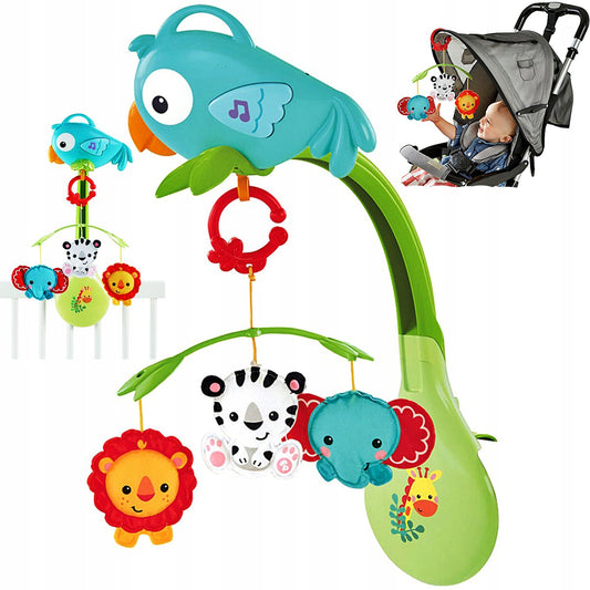 Carusel Interactiv IDL Papagalul Hazliu cu Leu, Zebra, Elefant de plus, 5 Melodii, Dimensiune 27.5x36x7cm, Clema de fixare rezistenta, Multicolor