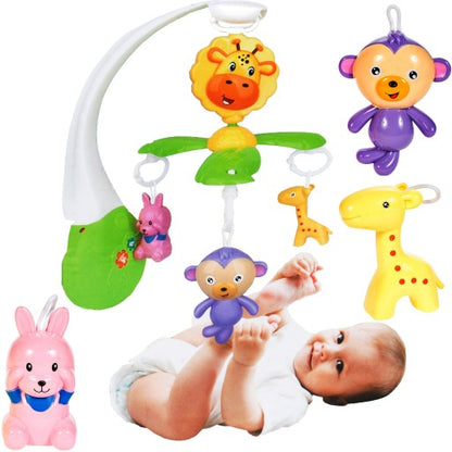 Carusel Interactiv IDL Ferma Fantastica cu Girafa, Maimuta, Iepuras, 3 Moduri de melodie, Dimensiune 50cm Inaltime, Clema de fixare rezistenta, Multicolor