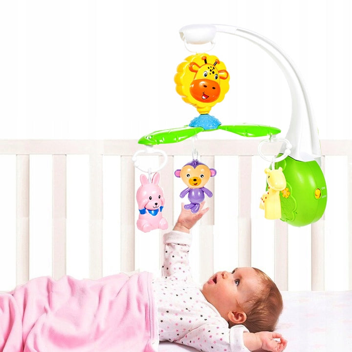 Carusel Interactiv IDL Ferma Fantastica cu Girafa, Maimuta, Iepuras, 3 Moduri de melodie, Dimensiune 50cm Inaltime, Clema de fixare rezistenta, Multicolor