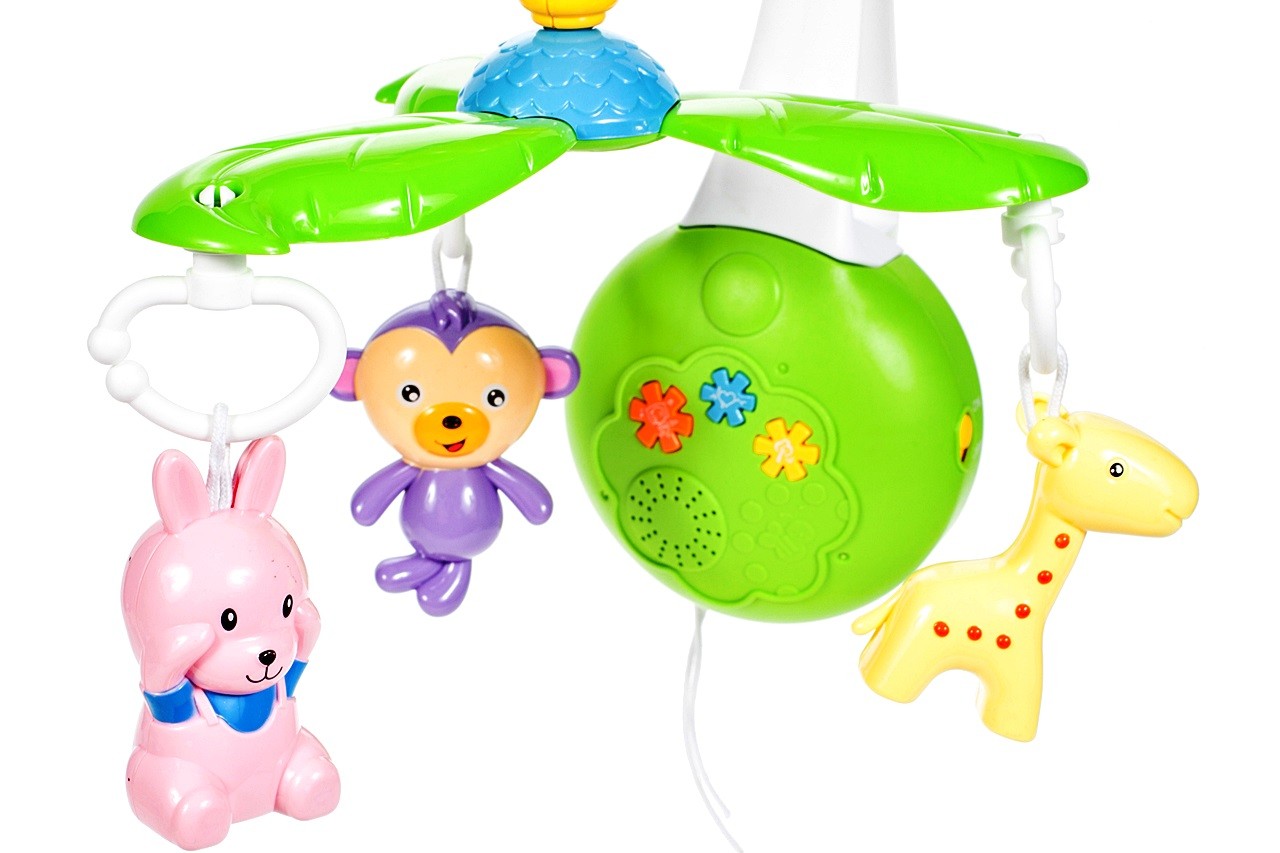 Carusel Interactiv IDL Ferma Fantastica cu Girafa, Maimuta, Iepuras, 3 Moduri de melodie, Dimensiune 50cm Inaltime, Clema de fixare rezistenta, Multicolor