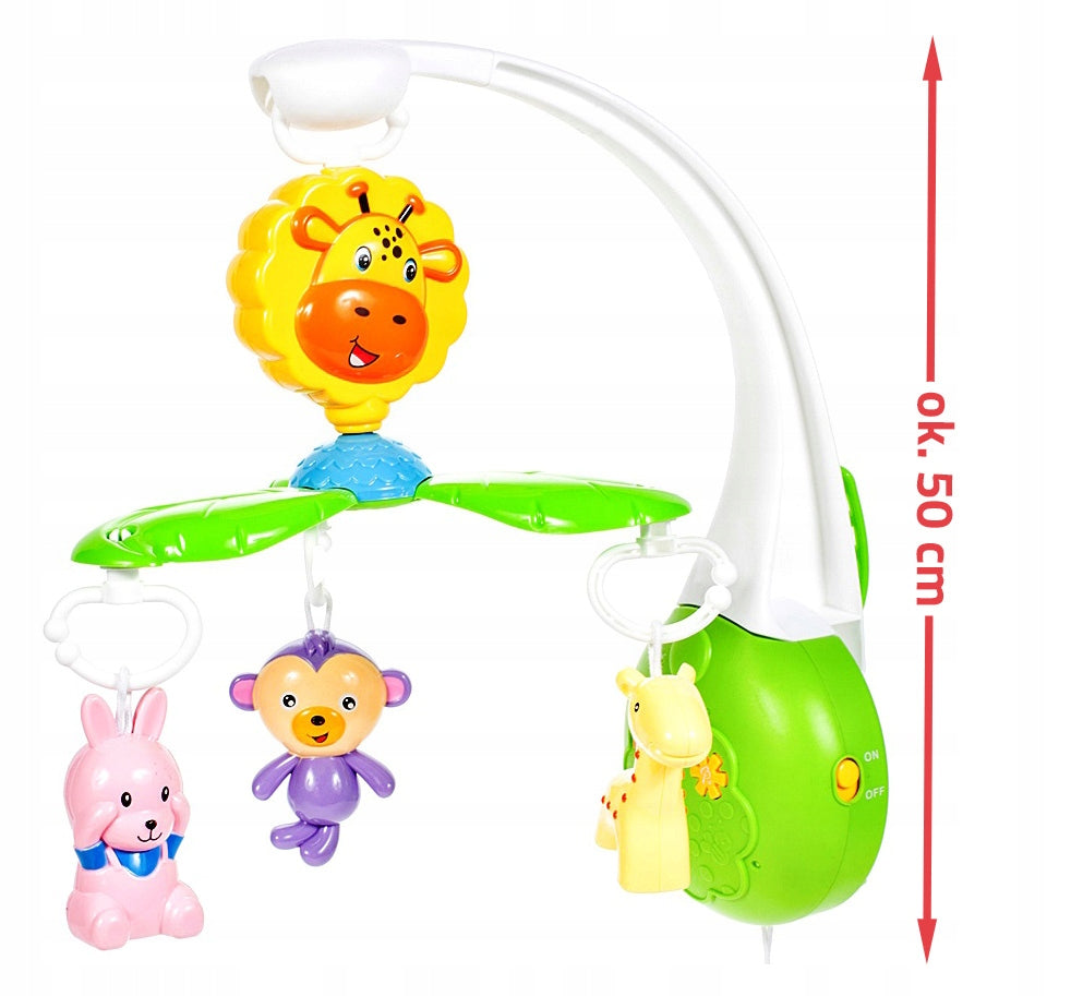 Carusel Interactiv IDL Ferma Fantastica cu Girafa, Maimuta, Iepuras, 3 Moduri de melodie, Dimensiune 50cm Inaltime, Clema de fixare rezistenta, Multicolor