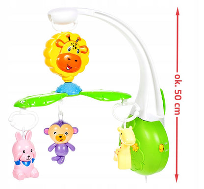 Carusel Interactiv IDL Ferma Fantastica cu Girafa, Maimuta, Iepuras, 3 Moduri de melodie, Dimensiune 50cm Inaltime, Clema de fixare rezistenta, Multicolor