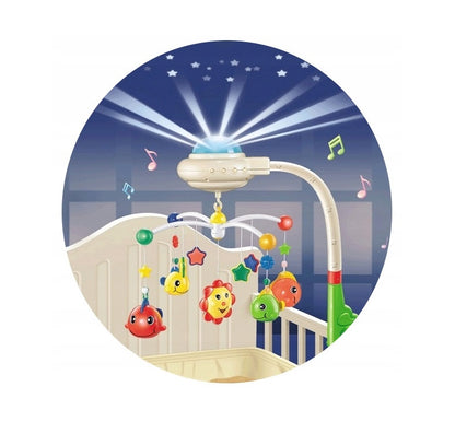 Carusel interactiv idealSTORE Baby Shine Sleep, Dimensiuni 50 x 33 x 12 cm, Echipat cu diverse melodii, Proiector cu stelute si jucarii rotative in forme variate si multicolore, Functionalitate pe baterii