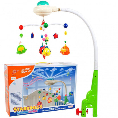 Carusel interactiv idealSTORE Baby Shine Sleep, Dimensiuni 50 x 33 x 12 cm, Echipat cu diverse melodii, Proiector cu stelute si jucarii rotative in forme variate si multicolore, Functionalitate pe baterii