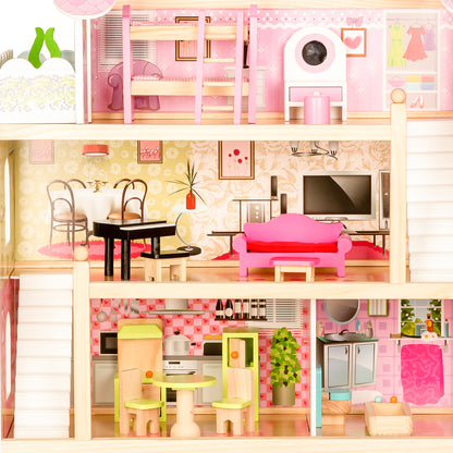 Casuta de papusi din lemn idealStore Pink Bowau Residence, Dimensiuni 71 x 30 x 63 cm, Constructie pe 3 nivele cu un total de 5 camere, Include un set cu 15 piese de mobilier cu design minimalist, Accesorizata cu 4 papusi pentru o distractie atractiva