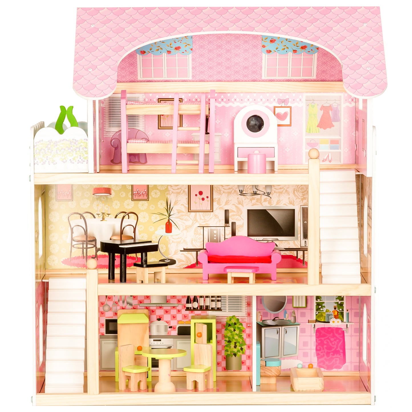 Casuta de papusi din lemn idealStore Pink Bowau Residence, Dimensiuni 71 x 30 x 63 cm, Constructie pe 3 nivele cu un total de 5 camere, Include un set cu 15 piese de mobilier cu design minimalist, Accesorizata cu 4 papusi pentru o distractie atractiva