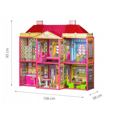 Casuta de papusi complexa idealStore Shinny Rose Villa, Dimensiuni 108 x 95 x 38 cm, Include 6 camere mobilate si utilate, 128 de accesorii cu design unic, Design compact, Cadru metalic si pereti din carton