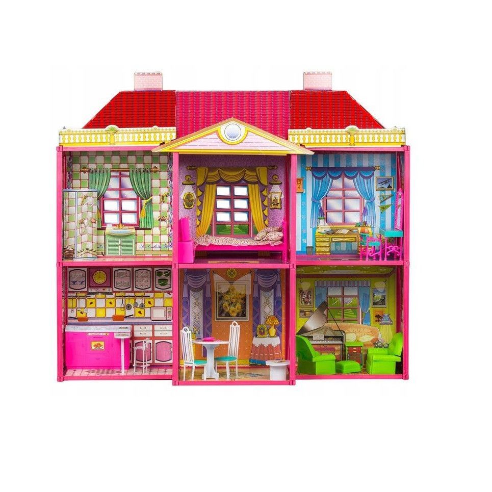 Casuta de papusi complexa idealStore Shinny Rose Villa, Dimensiuni 108 x 95 x 38 cm, Include 6 camere mobilate si utilate, 128 de accesorii cu design unic, Design compact, Cadru metalic si pereti din carton