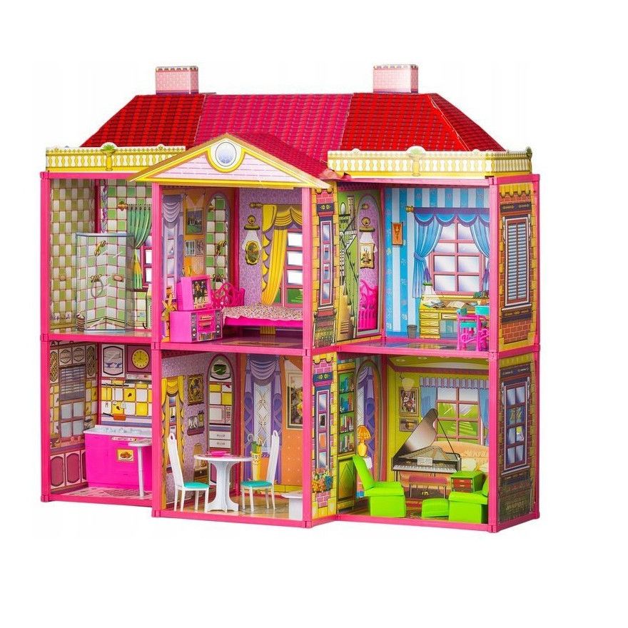 Casuta de papusi complexa idealStore Shinny Rose Villa, Dimensiuni 108 x 95 x 38 cm, Include 6 camere mobilate si utilate, 128 de accesorii cu design unic, Design compact, Cadru metalic si pereti din carton