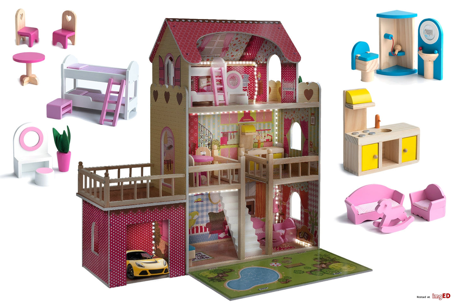 Casa de papusi din lemn cu garaj si piscina idealSTORE, Dimensiuni pachet 73 x 40 x 23 cm, Garaj 30 x 30 cm, Accesorizata cu lumina LED, Bazin, Gratar, Masa, Pat, Lampa, Floare, Canapea, Sezlong, Construita pe 3 nivele