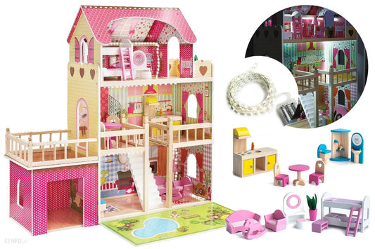 Casa de papusi din lemn cu garaj si piscina idealSTORE, Dimensiuni pachet 73 x 40 x 23 cm, Garaj 30 x 30 cm, Accesorizata cu lumina LED, Bazin, Gratar, Masa, Pat, Lampa, Floare, Canapea, Sezlong, Construita pe 3 nivele