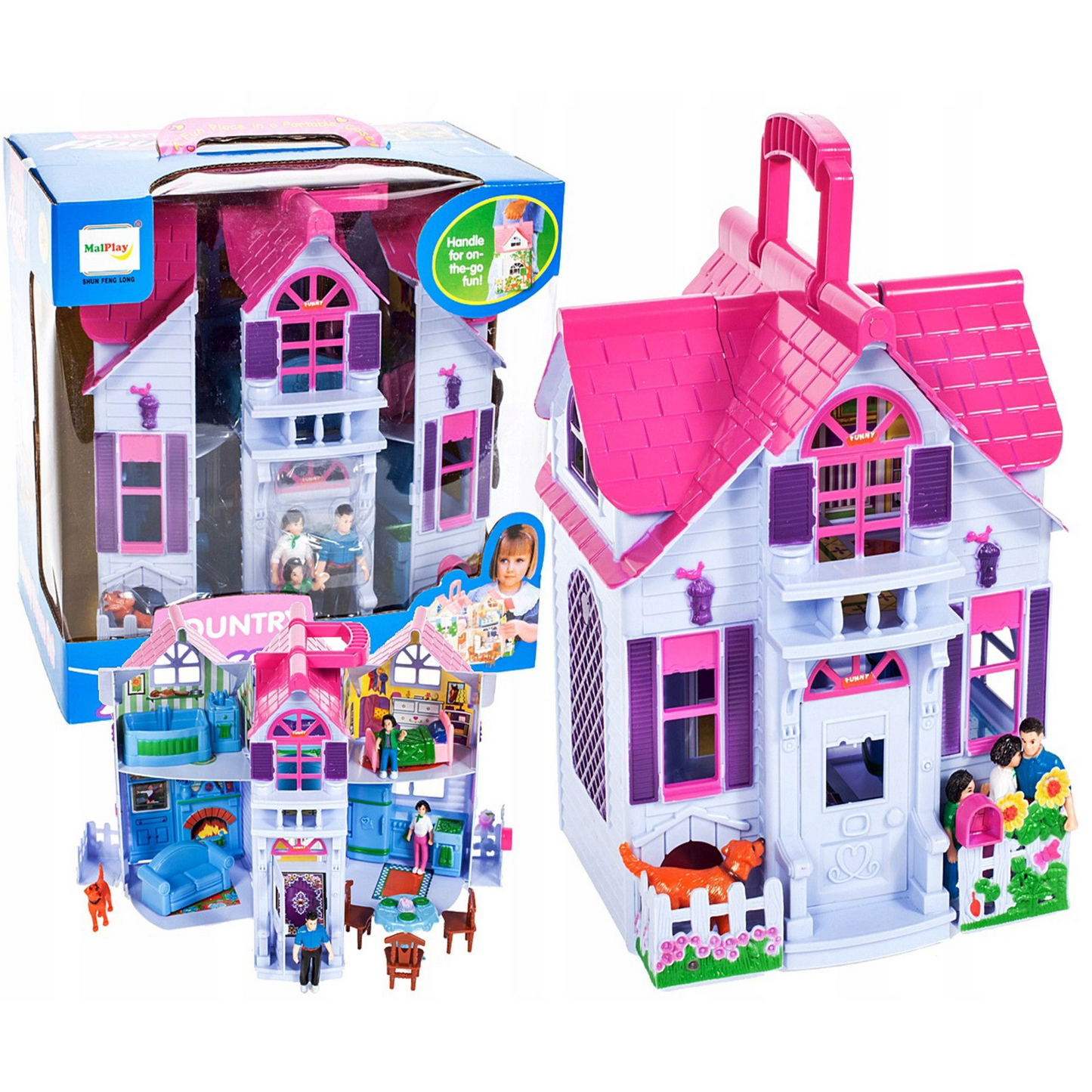 Casuta de Papusi idealSTORE PINK FAMILY VILLA, Echipata cu mobilier si 18 Accesorii inedite, 4 Camere decorate in Stil Diferit, Dezvolta Imaginatia, Creativitatea si Jocul de Rol