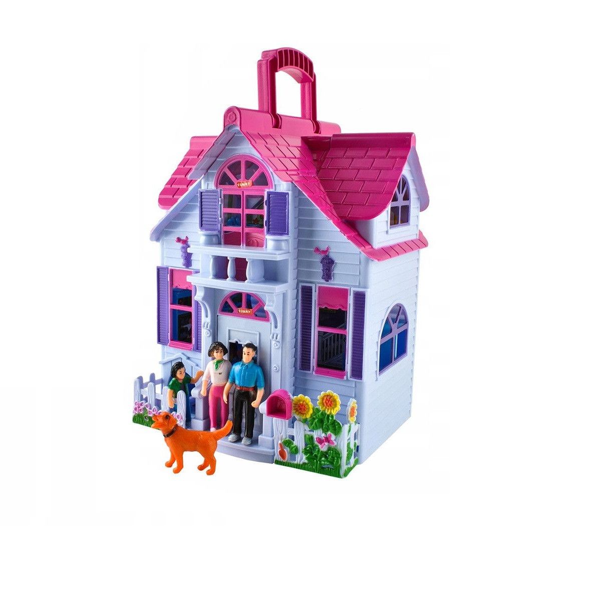 Casuta de Papusi idealSTORE PINK FAMILY VILLA, Dimensiuni 46 x 25 x 15 cm, Echipata cu mobilier si 18 Accesorii inedite, 4 Camere decorate in stil diferit, Diversifica jocul de rol