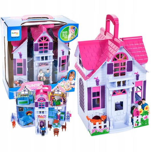 Casuta de Papusi idealSTORE PINK FAMILY VILLA, Dimensiuni 46 x 25 x 15 cm, Echipata cu mobilier si 18 Accesorii inedite, 4 Camere decorate in stil diferit, Diversifica jocul de rol