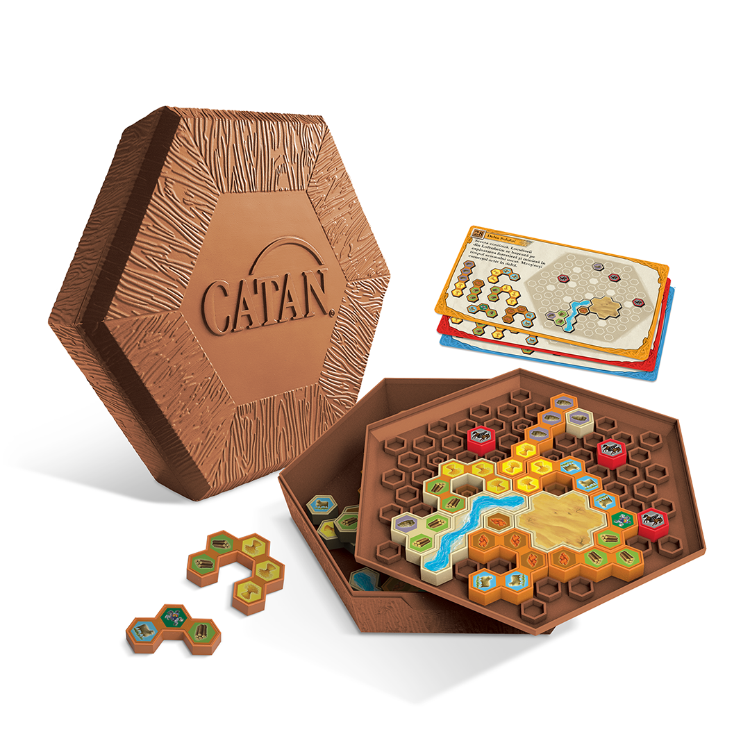 Joc de Societate CATAN - Logic Puzzle, idealSTORE Include 40 de Carti Puzzle, 5 Piese Hot, 5 Piese Cavaler, 5 Piese Asezari, 5 Piese Orase, 2 Piese Rau, 1 Piesa Desert, Manual de instructiuni