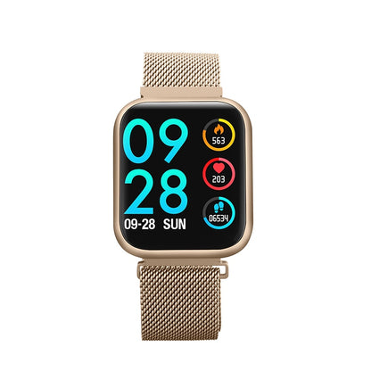 Ceas Smartwatch cu functie de Bratara Fitness idealStore P80 Auriu, cu functie de monitorizare tensiune arteriala, ritm cardiac, Monitorizare somn, Nivel oxigen, Notificari Apel/Sms, cu curea metalica si curea de silicon