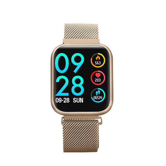 Ceas Smartwatch cu functie de Bratara Fitness idealStore P80 Auriu, cu functie de monitorizare tensiune arteriala, ritm cardiac, Monitorizare somn, Nivel oxigen, Notificari Apel/Sms, cu curea metalica si curea de silicon