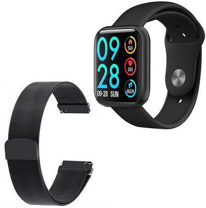 Ceas Smartwatch cu functie de Bratara Fitness idealStore P80 Negru, cu functie de monitorizare tensiune arteriala, ritm cardiac, Monitorizare somn, Nivel oxigen, Notificari Apel/Sms, cu curea metalica si curea de silicon