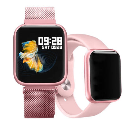 Ceas Smartwatch cu functie de Bratara Fitness idealStore P80 Roz, cu functie de monitorizare tensiune arteriala, ritm cardiac, Monitorizare somn, Nivel oxigen, Notificari Apel/Sms, cu curea metalica si curea de silicon
