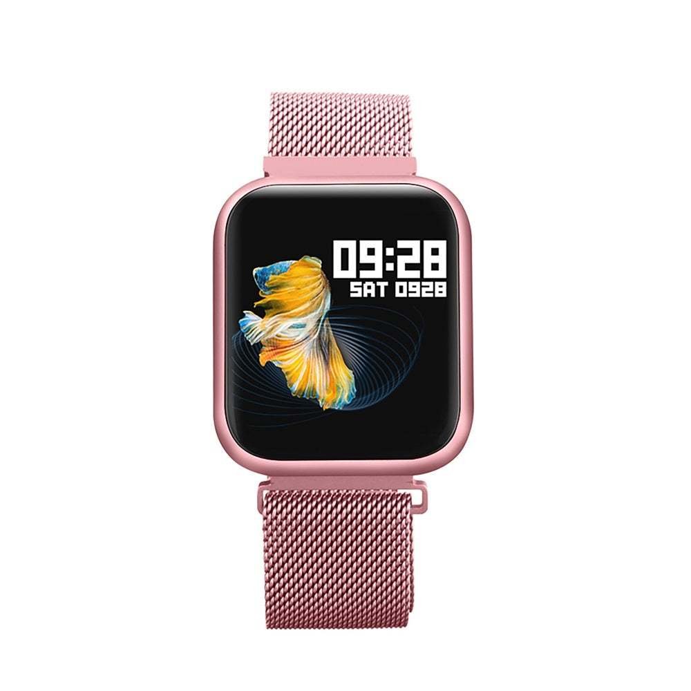 Ceas Smartwatch cu functie de Bratara Fitness idealStore P80 Roz, cu functie de monitorizare tensiune arteriala, ritm cardiac, Monitorizare somn, Nivel oxigen, Notificari Apel/Sms, cu curea metalica si curea de silicon