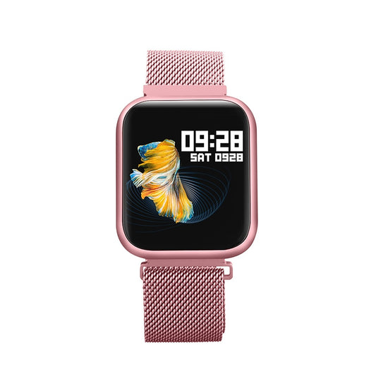 Ceas Smartwatch cu functie de Bratara Fitness idealStore P80 Roz, cu functie de monitorizare tensiune arteriala, ritm cardiac, Monitorizare somn, Nivel oxigen, Notificari Apel/Sms, cu curea metalica si curea de silicon