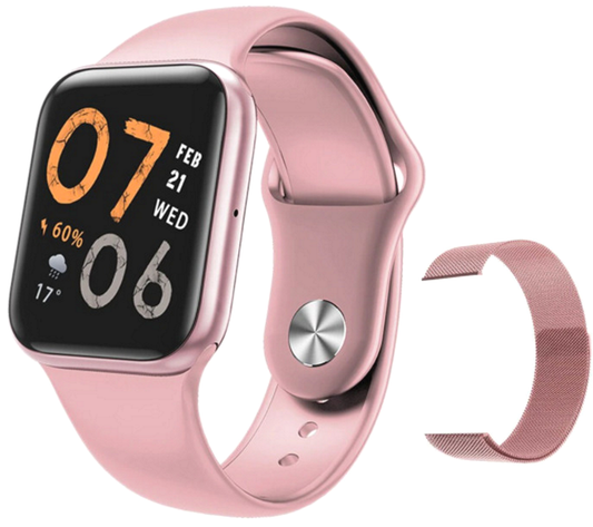 Ceas Smartwatch cu functie de Bratara Fitness idealStore P80 Roz, cu functie de monitorizare tensiune arteriala, ritm cardiac, Monitorizare somn, Nivel oxigen, Notificari Apel/Sms, cu curea metalica si curea de silicon