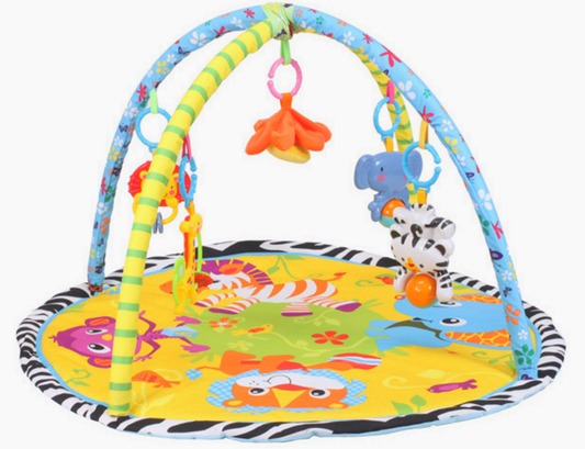 Centru de activitati tip covoras Interactiv cu centru de activitati, Pentru bebelusi, 4 Brate cu accesorii diferite pentru distractia micutului, Albastru-Galben