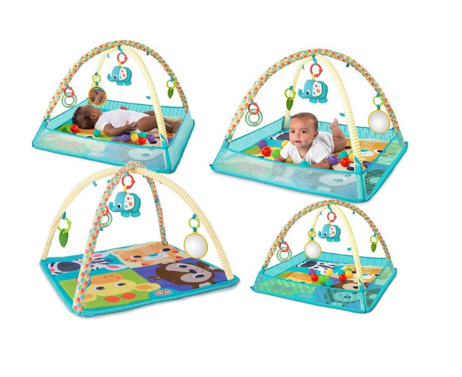 Centru de activitati tip covoras Educational cu 10 bile colorate idealStore Bubble Splash Time, Dimensiuni 76.0 x 76.0 x 46.0 cm, Echipat cu accesorii simbolice, Pereti rabatabili pentru a-l putea transforma intr-un loc de joaca, Albastru deschis