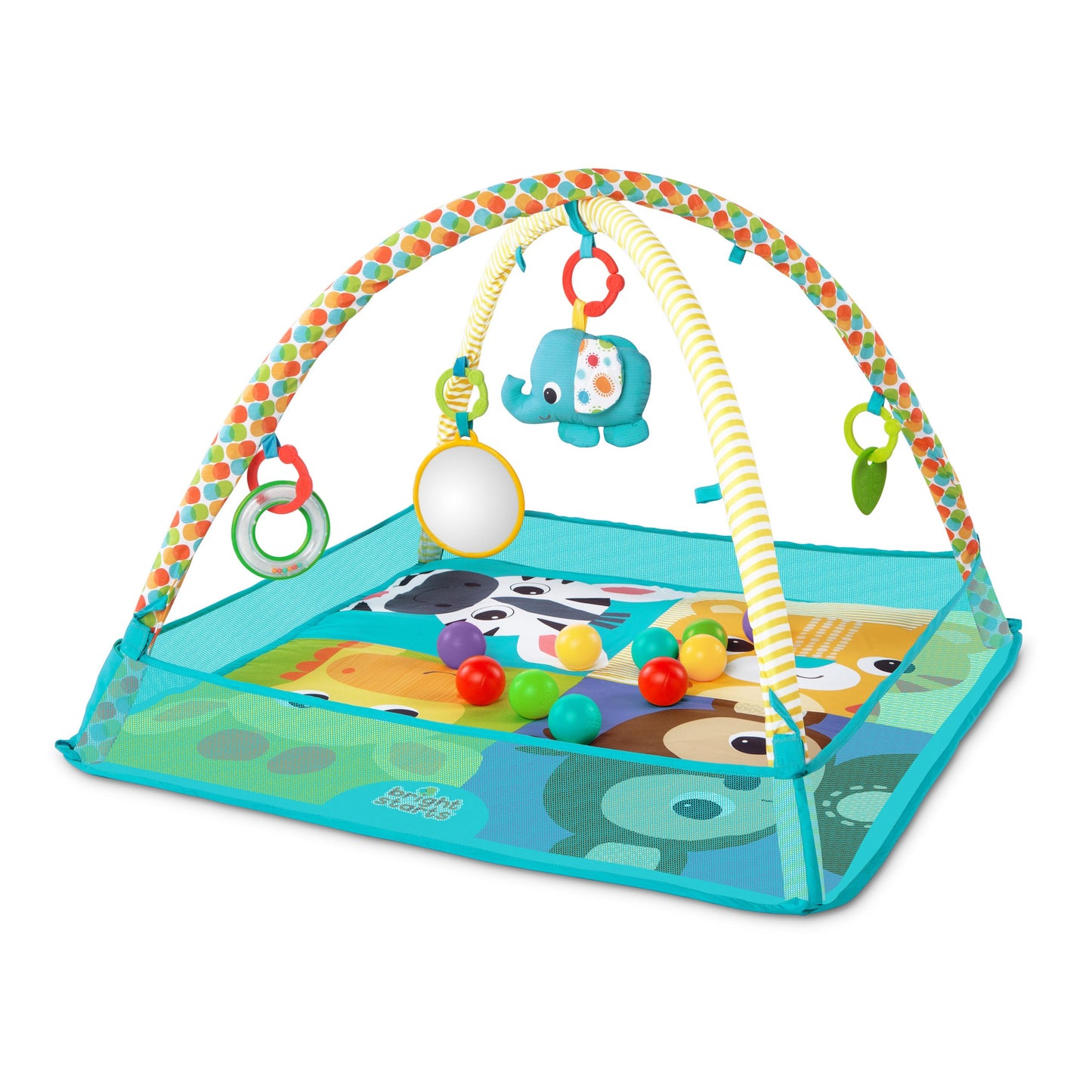 Centru de activitati tip covoras Educational cu 10 bile colorate idealStore Bubble Splash Time, Dimensiuni 76.0 x 76.0 x 46.0 cm, Echipat cu accesorii simbolice, Pereti rabatabili pentru a-l putea transforma intr-un loc de joaca, Albastru deschis