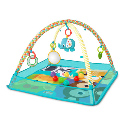 Centru de activitati tip covoras Educational cu 10 bile colorate idealStore Bubble Splash Time, Dimensiuni 76.0 x 76.0 x 46.0 cm, Echipat cu accesorii simbolice, Pereti rabatabili pentru a-l putea transforma intr-un loc de joaca, Albastru deschis