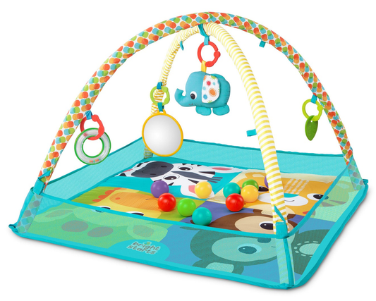 Centru de activitati tip covoras Educational cu 10 bile colorate idealStore Bubble Splash Time, Dimensiuni 76.0 x 76.0 x 46.0 cm, Echipat cu accesorii simbolice, Pereti rabatabili pentru a-l putea transforma intr-un loc de joaca, Albastru deschis