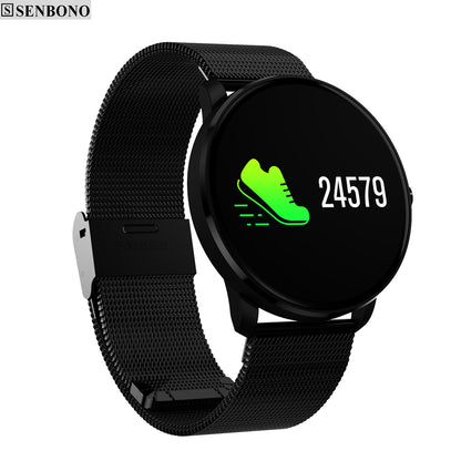 Ceas Smartwatch si Bratara Fitness Crimson 2018, model elegant, Masurare Tensiune, Bataile inimii, Waterproof, Monitor Somn, Alerta Mesaj / Apel, Display OLED, Metalic Black