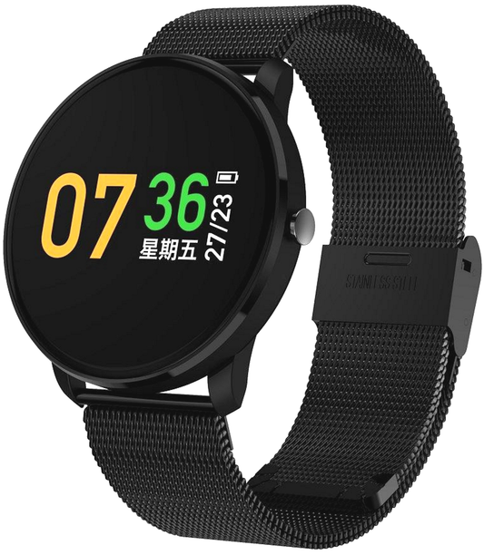 Ceas Smartwatch si Bratara Fitness Crimson 2018, model elegant, Masurare Tensiune, Bataile inimii, Waterproof, Monitor Somn, Alerta Mesaj / Apel, Display OLED, Metalic Black