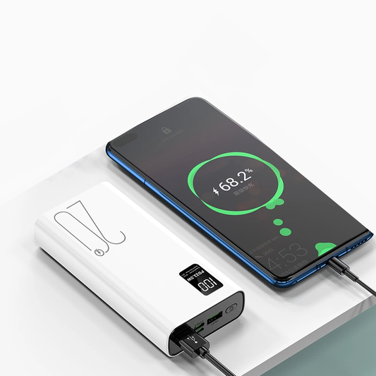 Baterie Externa Super Charge IdealStore, Capacitate 20.000 mAh, Display LED procentaj baterie, Detine 4 iesiri, 2 Iesiri USB, 1 Iesire type-C, 1 Iesire Micro-USB Incarcare rapida, Tensiune iesire 5V-2A, White Edition Power Bank