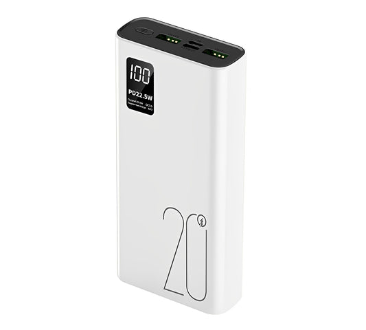 Baterie Externa Super Charge IdealStore, Capacitate 20.000 mAh, Display LED procentaj baterie, Detine 4 iesiri, 2 Iesiri USB, 1 Iesire type-C, 1 Iesire Micro-USB Incarcare rapida, Tensiune iesire 5V-2A, White Edition Power Bank