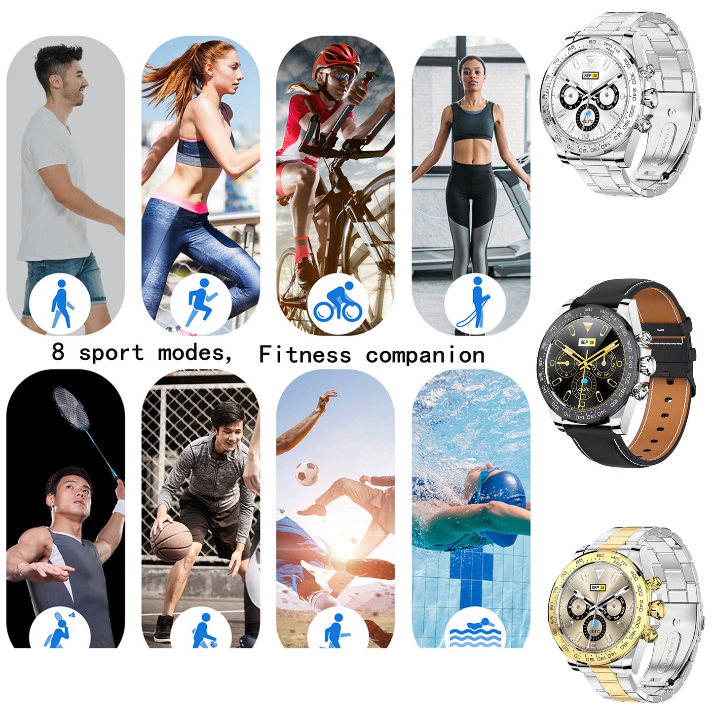 Smartwatch CharmMetal Gold IdealStore din otel inoxidabil, Ecran tactil de 1.3 inch rezistent la apa, Monitorizare Ritm cardiac, Calorii, Somn, conectivitate Android sau IOS pentru aplicatii Whatsapp/Facebook