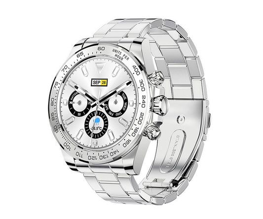 Smartwatch CharmMetal Silver IdealStore din otel inoxidabil, Ecran tactil de 1.3 inch rezistent la apa, Monitorizare Ritm cardiac, Calorii, Somn, conectivitate Android sau IOS pentru aplicatii Whatsapp/Facebook