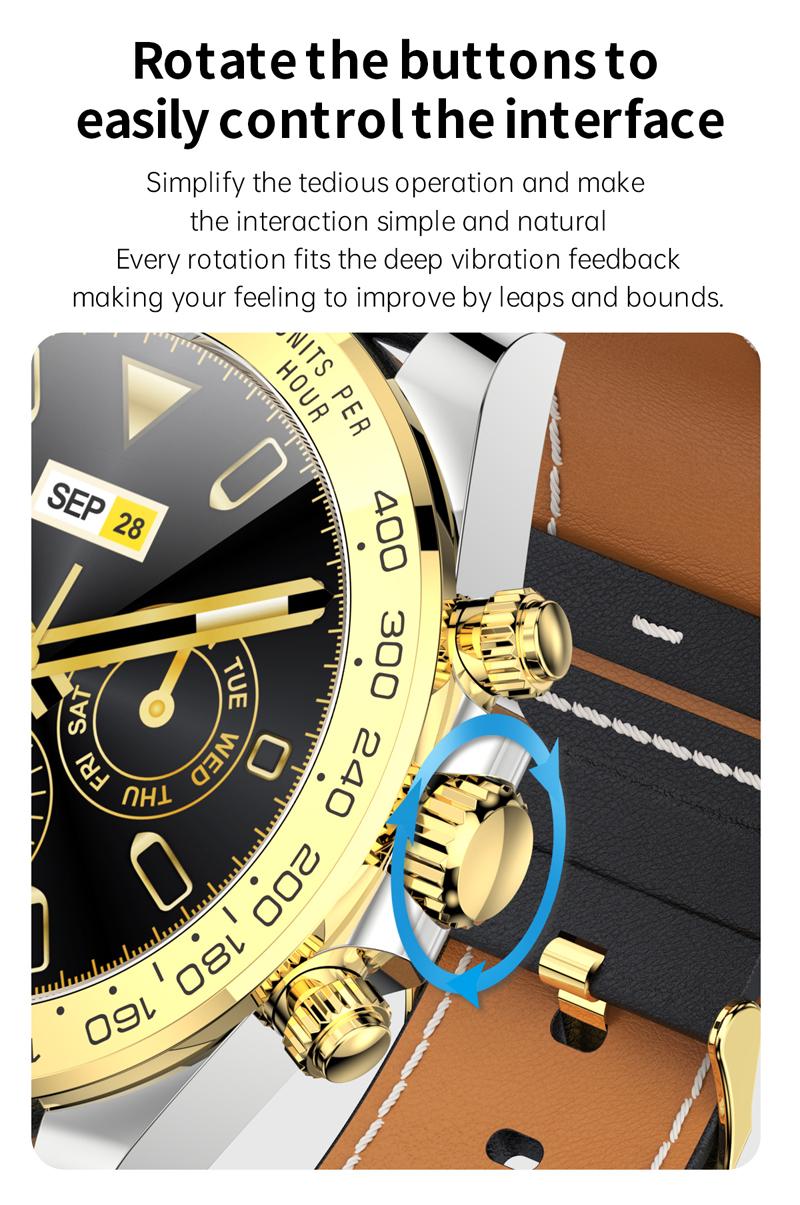Smartwatch CharmPiele Gold IdealStore, Cadran din otel inoxidabil, Ecran tactil de 1.3 inch rezistent la apa, Monitorizare Ritm cardiac, Calorii, Somn, conectivitate Android sau IOS pentru aplicatii precum Whatsapp/Facebook