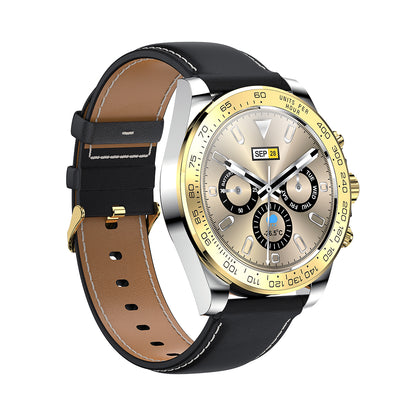 Smartwatch CharmPiele Gold IdealStore, Cadran din otel inoxidabil, Ecran tactil de 1.3 inch rezistent la apa, Monitorizare Ritm cardiac, Calorii, Somn, conectivitate Android sau IOS pentru aplicatii precum Whatsapp/Facebook
