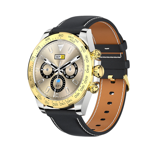 Smartwatch CharmPiele Gold IdealStore, Cadran din otel inoxidabil, Ecran tactil de 1.3 inch rezistent la apa, Monitorizare Ritm cardiac, Calorii, Somn, conectivitate Android sau IOS pentru aplicatii precum Whatsapp/Facebook