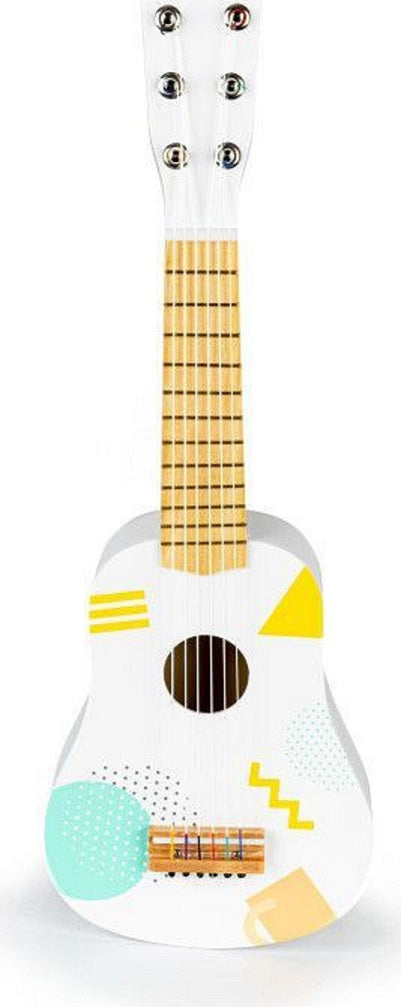 Chitara acustica din lemn pentru copii idealStore White Tunes, 6 corzi din nailon, 12 taste, Constructie de lemn, Include pana pentru chitara