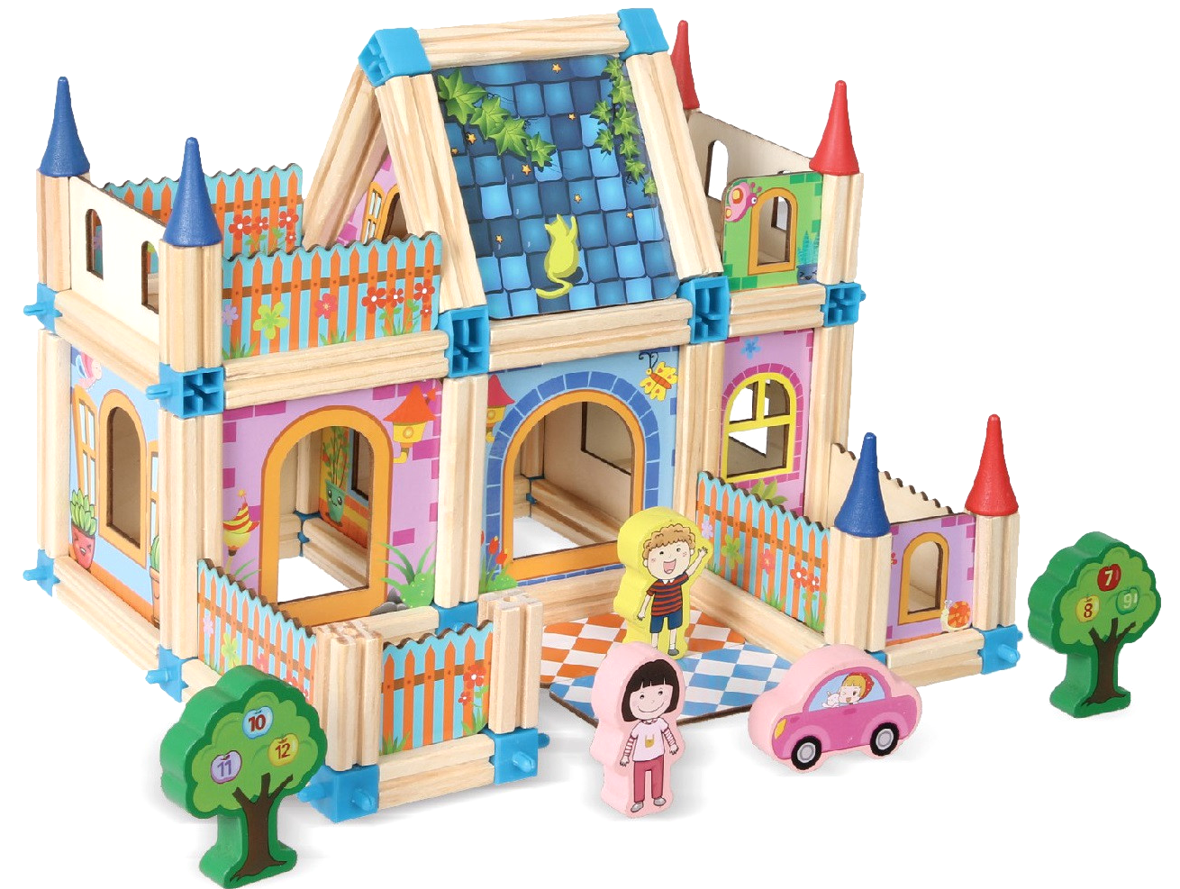 Set blocuri din lemn pentru copii PRINCESS CASTLE, Include 128 de elemente, Accesorizata cu blocuri cu grafica, masinute, copaci, Ofera posibilitatea asamblarii a mai multor cladiri, Dezvolta creativitatea, imaginatia si abilitatile manuale