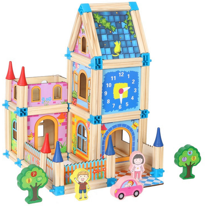 Set blocuri din lemn pentru copii PRINCESS CASTLE, Include 128 de elemente, Accesorizata cu blocuri cu grafica, masinute, copaci, Ofera posibilitatea asamblarii a mai multor cladiri, Dezvolta creativitatea, imaginatia si abilitatile manuale