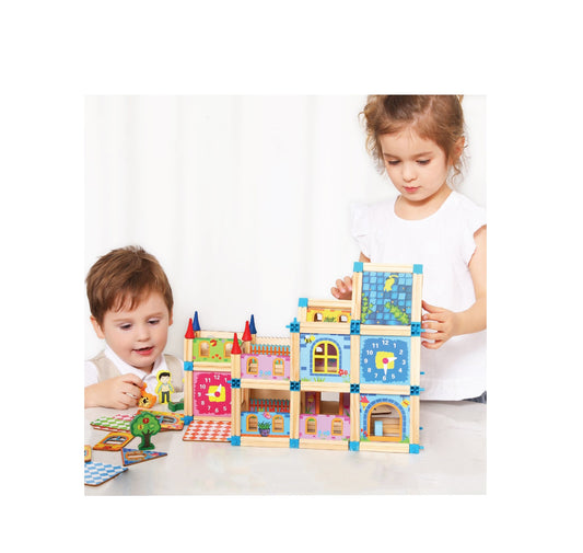 Set blocuri din lemn pentru copii PRINCESS CASTLE, Include 128 de elemente, Accesorizata cu blocuri cu grafica, masinute, copaci, Ofera posibilitatea asamblarii a mai multor cladiri, Dezvolta creativitatea, imaginatia si abilitatile manuale