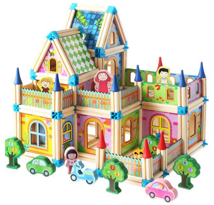 Set blocuri din lemn pentru copii PRINCESS CASTLE, Include 128 de elemente, Accesorizata cu blocuri cu grafica, masinute, copaci, Ofera posibilitatea asamblarii a mai multor cladiri, Dezvolta creativitatea, imaginatia si abilitatile manuale