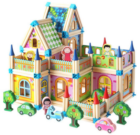 Set blocuri din lemn pentru copii PRINCESS CASTLE, Include 128 de elemente, Accesorizata cu blocuri cu grafica, masinute, copaci, Ofera posibilitatea asamblarii a mai multor cladiri, Dezvolta creativitatea, imaginatia si abilitatile manuale