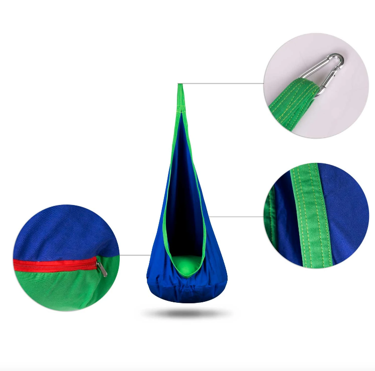 Hamac copii The Raven's Nest tip cocon idealSTORE Dimensiune 140 x 55 cm, Material solid, Include perna, Suport de suspendare, Carlig suplimentar, Ideal pentru camera, gradina sau terasa, Sarcina maxima 80 kg, Albastru