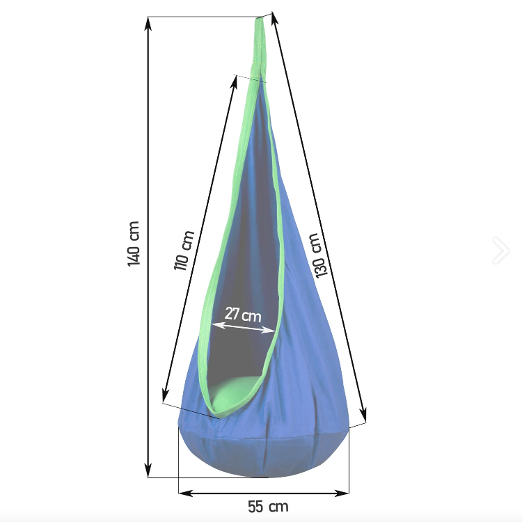 Hamac copii The Raven's Nest tip cocon idealSTORE Dimensiune 140 x 55 cm, Material solid, Include perna, Suport de suspendare, Carlig suplimentar, Ideal pentru camera, gradina sau terasa, Sarcina maxima 80 kg, Albastru
