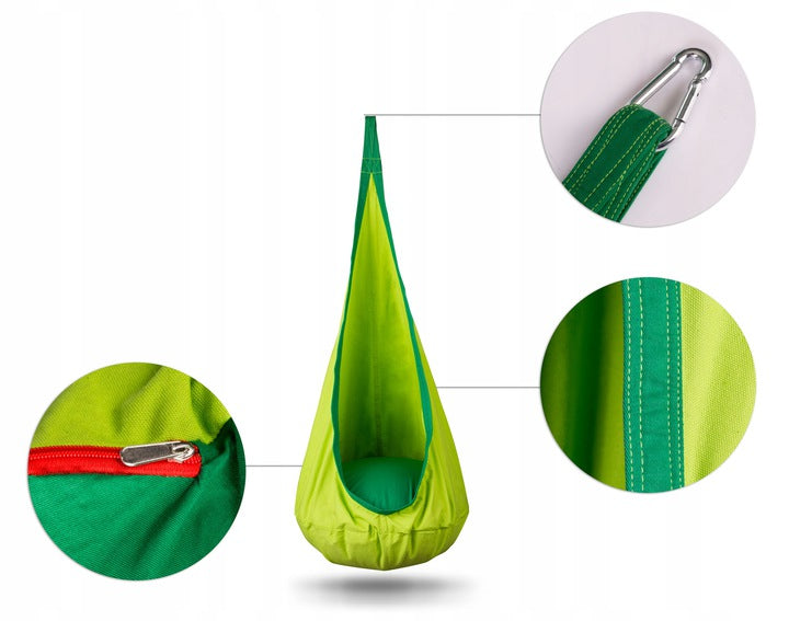 Hamac copii The Raven's Nest tip cocon idealSTORE Dimensiune 140 x 55 cm, Material solid, Include perna, Suport de suspendare, Carlig suplimentar, Ideal pentru camera, gradina sau terasa, Sarcina maxima 80 kg